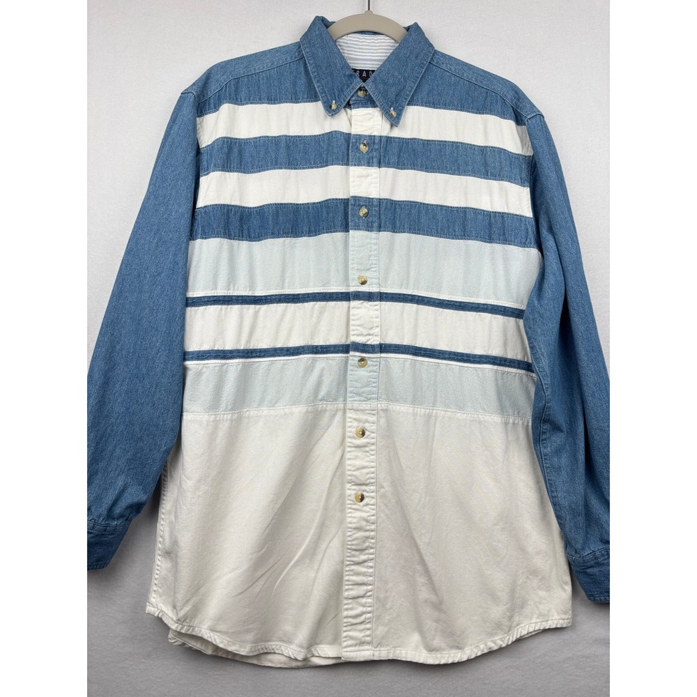 Trader Bay Denim Shirt Mens Medium Striped Long Sleeve Button Down Casual 90s